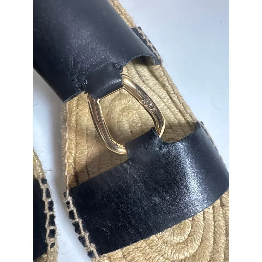 Lauren Ralph Lauren Black Espadrille Wedge Sandals 100% Leather Bena Womens 8